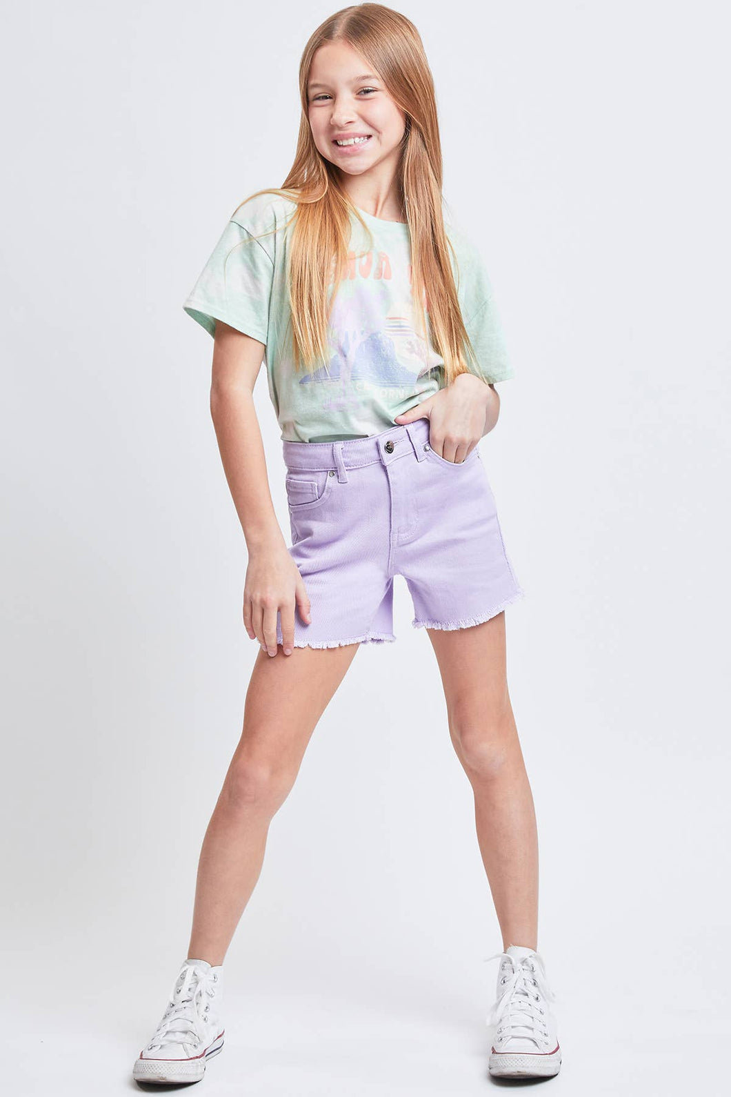 Girls High-Rise Color Twill Shorts With Fray Hem