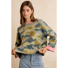 SOFT CAMO CONTRAST NECK AND ROLL UP SWEATER
