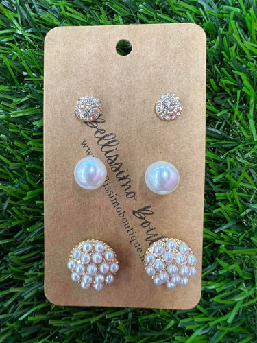 Pave Crystal & Pearl Stud Set