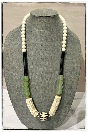 Coconut Wood Bead & Chevron African Bone Bead w/ Glass Green