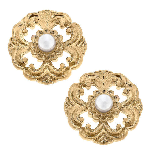 Marguerite Acanthus & Pearl Stud Earrings in Worn Gold