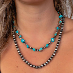 Beaded Turquoise Stone Necklace - Turquoise & Silver