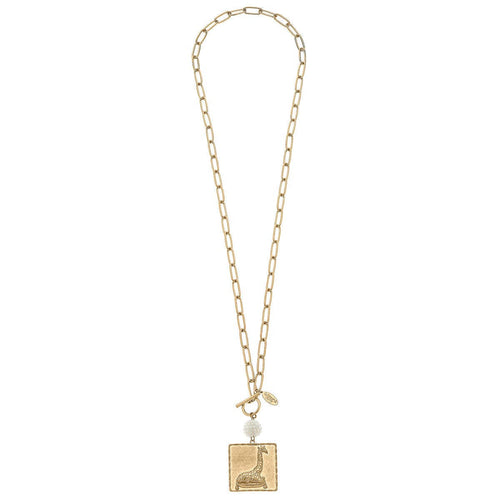 Lou Pearl Cluster & Giraffe Pendant T-Bar Necklace in Worn Gold