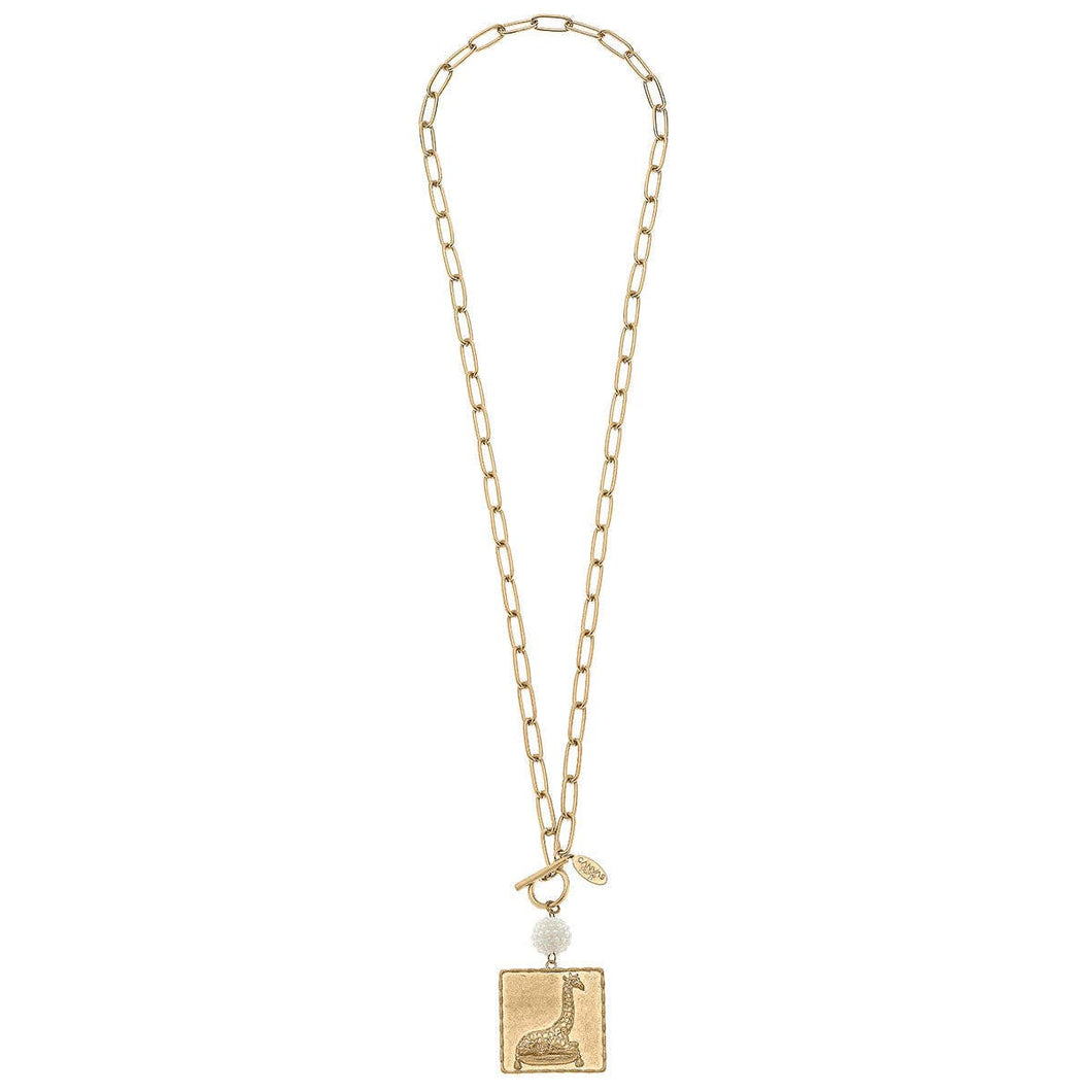 Lou Pearl Cluster & Giraffe Pendant T-Bar Necklace in Worn Gold