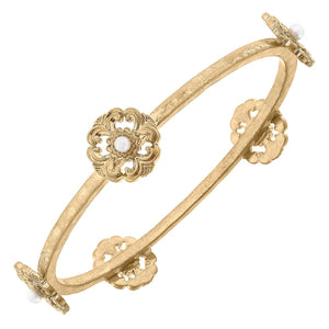 Marguerite Acanthus & Pearl Bangle in Worn Gold