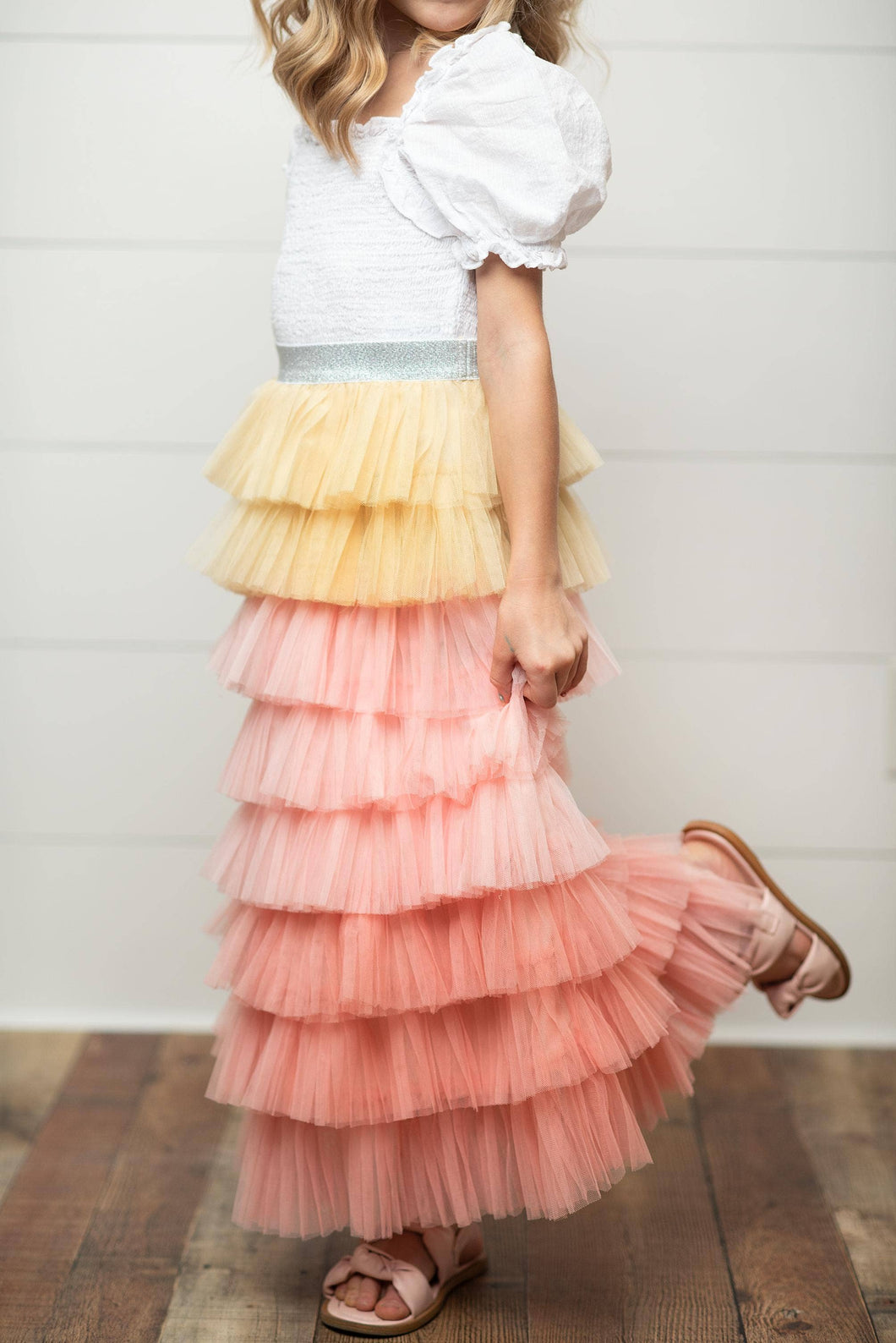Kids Peach Ombre Tiered Tulle Fancy Party Skirt
