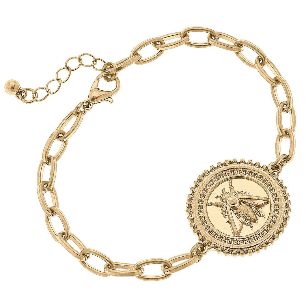 Nicolette Bee Medallion Chain Bracelet in Worn Gold