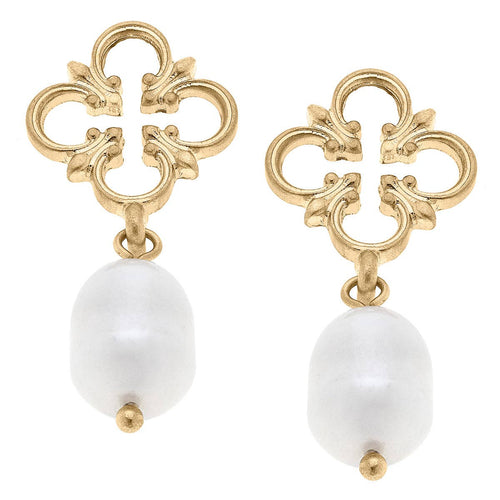 Suzette Open Quatrefoil & Pearl Drop Earrings in Worn Gold