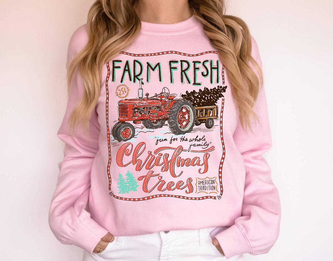 Farm Fresh Tractor Fleece: 2XL / Crewneck Sweatshirt / Light Pink