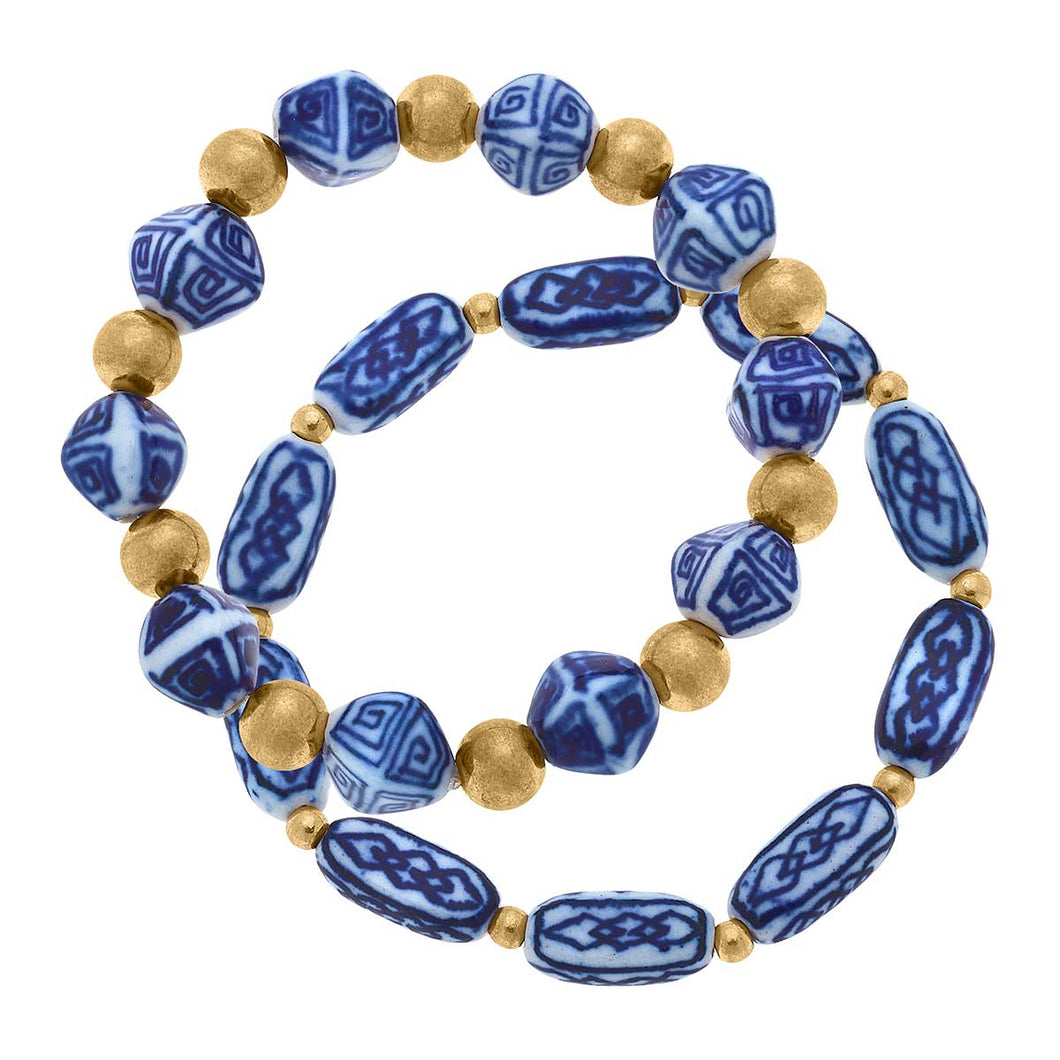 Katherine Chinoiserie & Ball Bead Bracelets in Blue & White