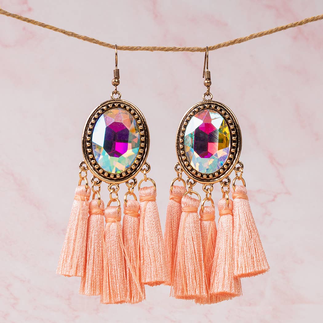 Rhinestone Tassel Earrings - Pink