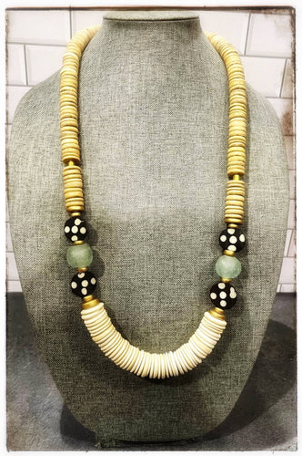 Tan White Coconut Wood & Polka Dot Bone Bead Long Necklace