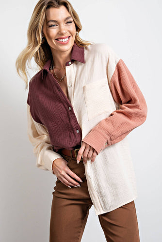 GINGER SNAP GAUZE COLOR BLOCK SHIRT TOP