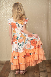 Kids Terra Cotta Vintage Floral Flutter Sleeve Ruffles Dress