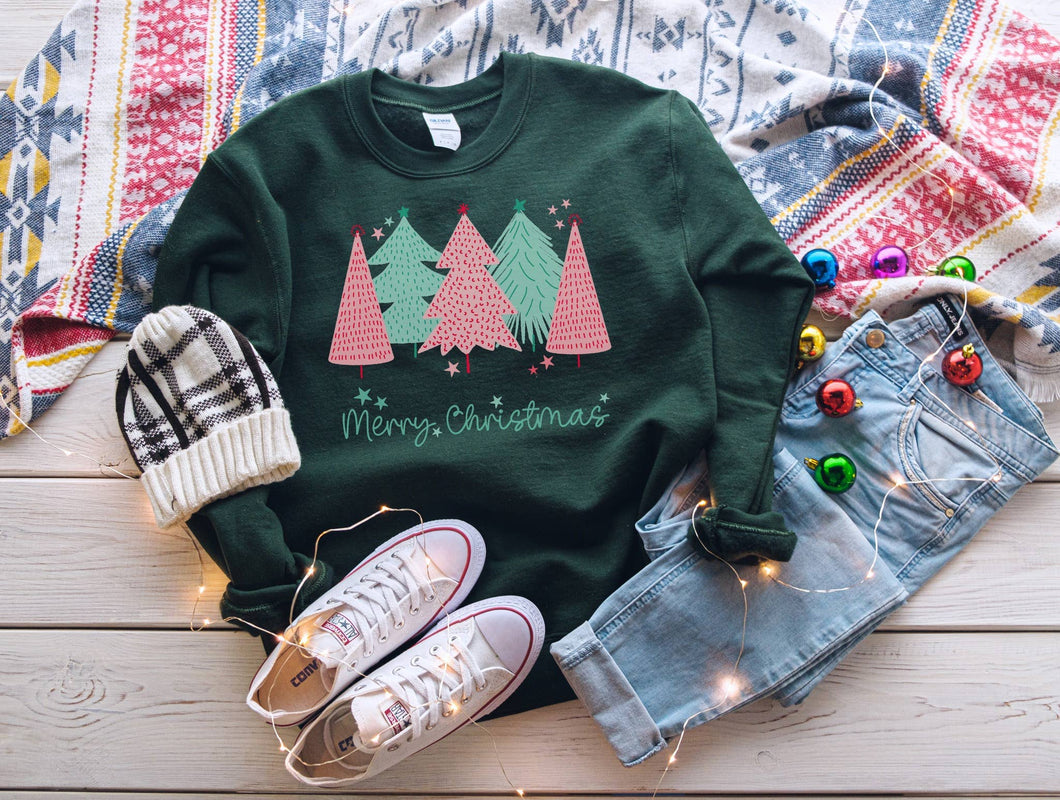 Merry Christmas Pink & Green Trees Fleece: XL / Sweatshirt / Forest
