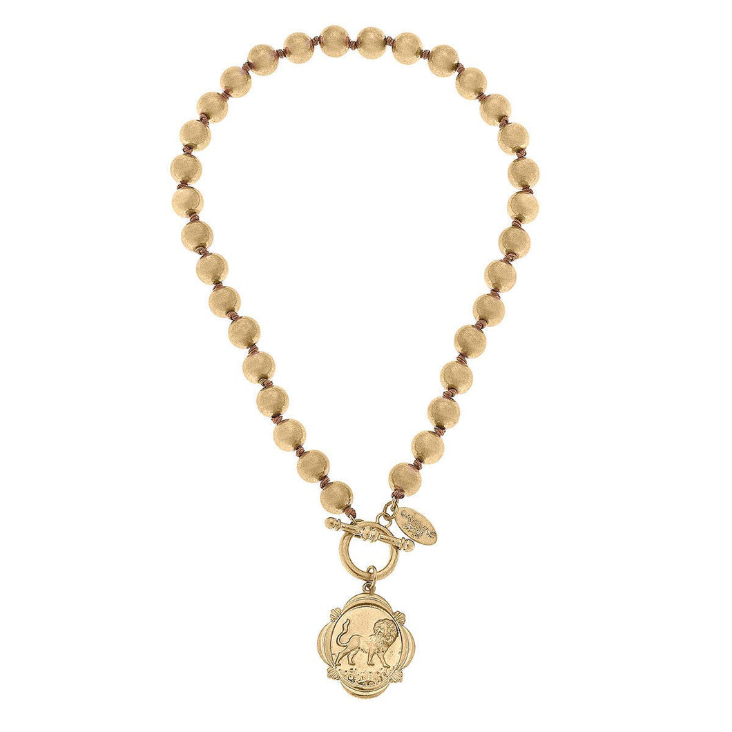 Leo Lion Pendant Ball Bead T-Bar Necklace in Worn Gold