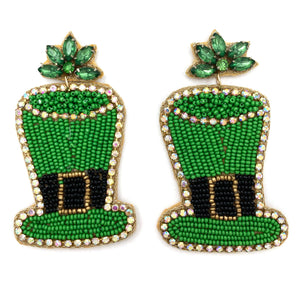 Green Leprechaun Hat Seed Bead Post Dangle Earrings