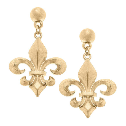 Robin Bourbon Fleur de Lis Drop Earrings in Worn Gold