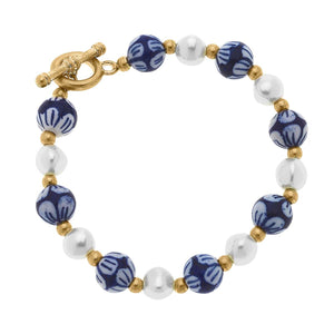 Charlotte Chinoiserie & Pearl T-Bar Bracelet in Blue & White