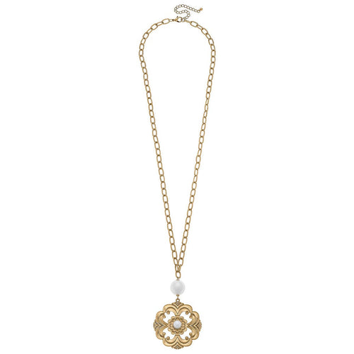 Marguerite Acanthus & Pearl Statement Necklace in Worn Gold