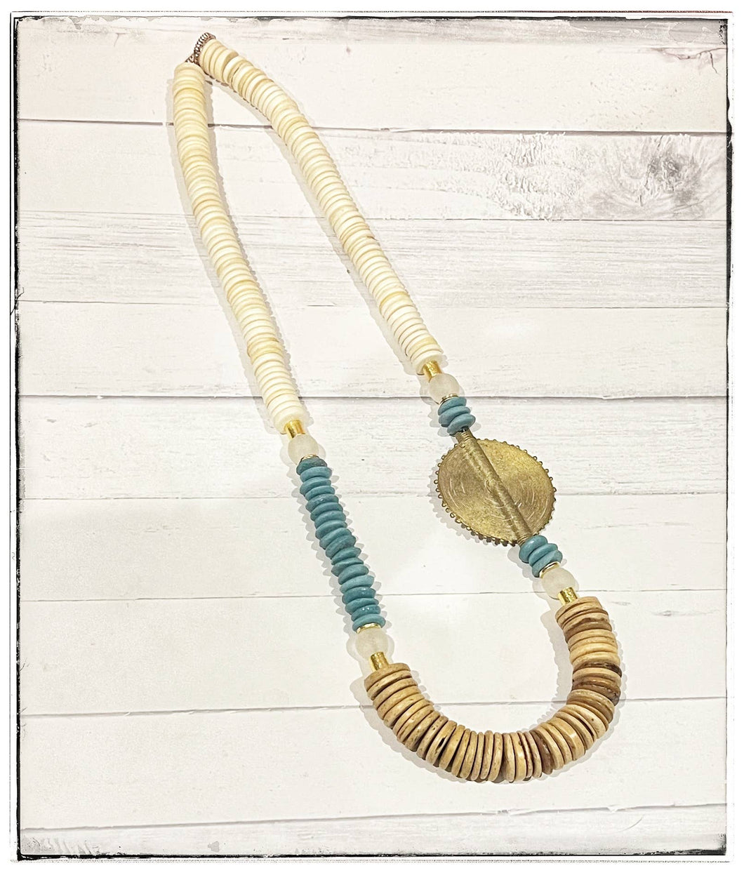 Brass Pendant Necklace w/ Wood & Bone Bead- Light Blue