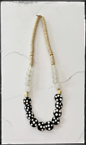 Tan Coconut & Polka Dot African Bone Bead Long Boho Necklace