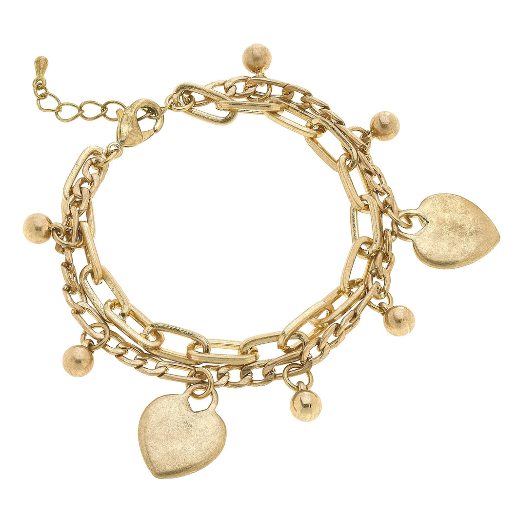 Serena Heart Layered Chain Link Bracelet in Worn Gold