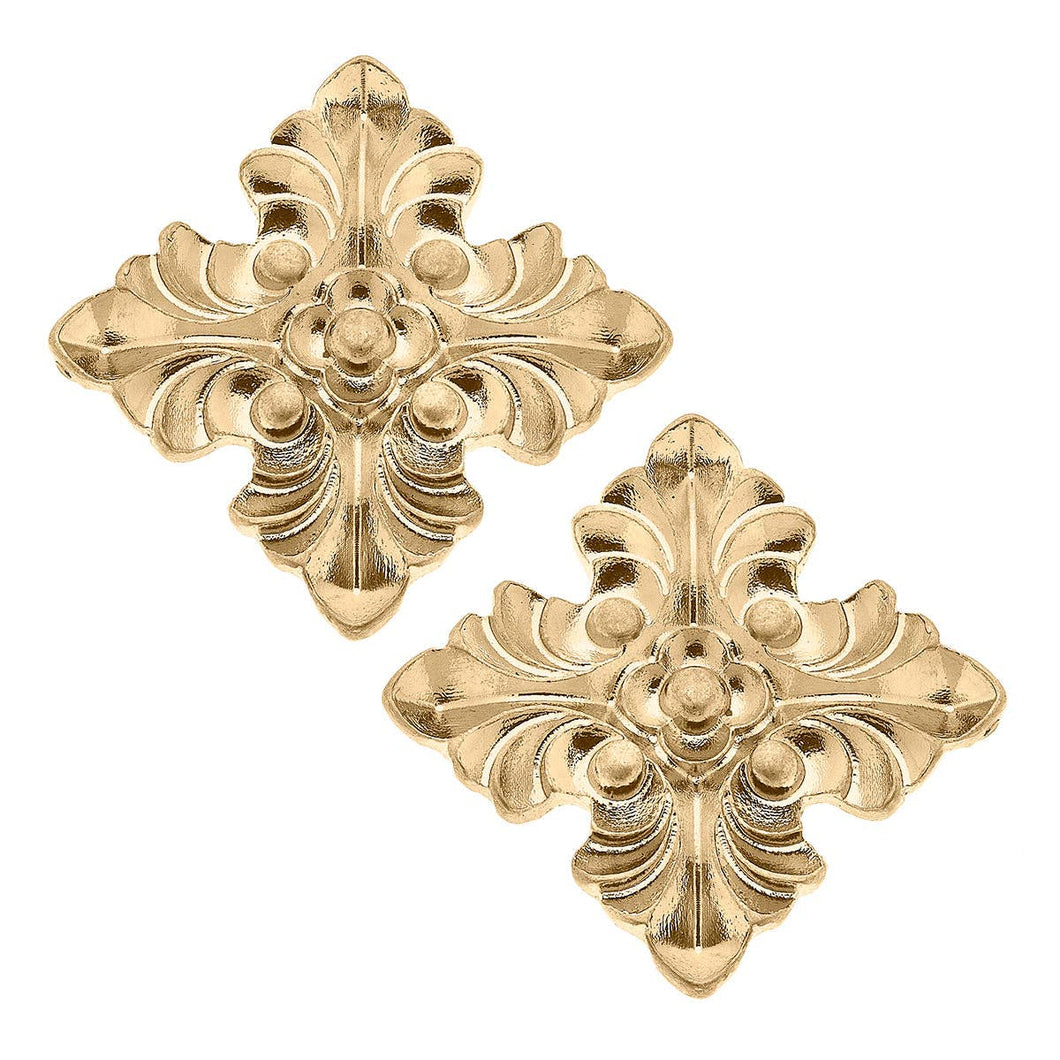 Nicola Acanthus Cross Stud Earrings in Worn Gold