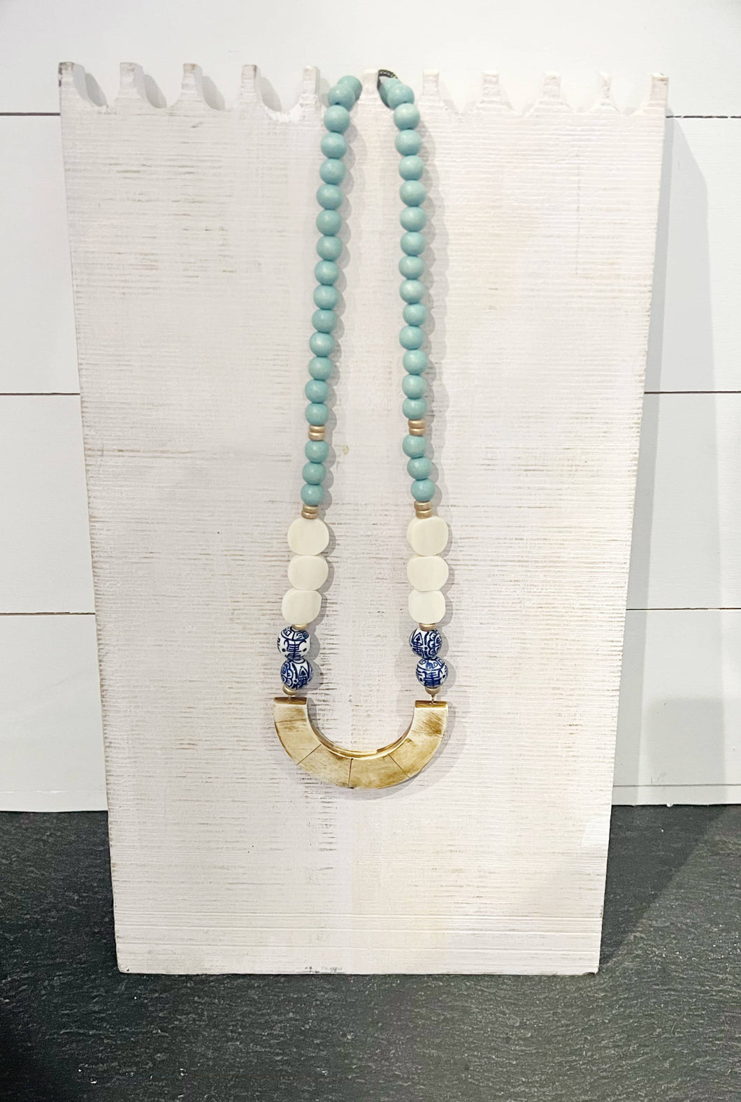 Wood, Bone, & Chinoiserie Bead Pendant Necklace
