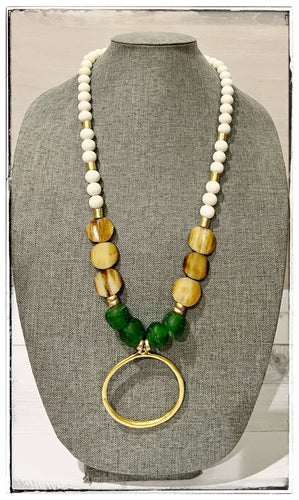 Wood Glass & Bone Bead Long Necklace Brass Pendant