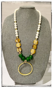 Wood Glass & Bone Bead Long Necklace Brass Pendant