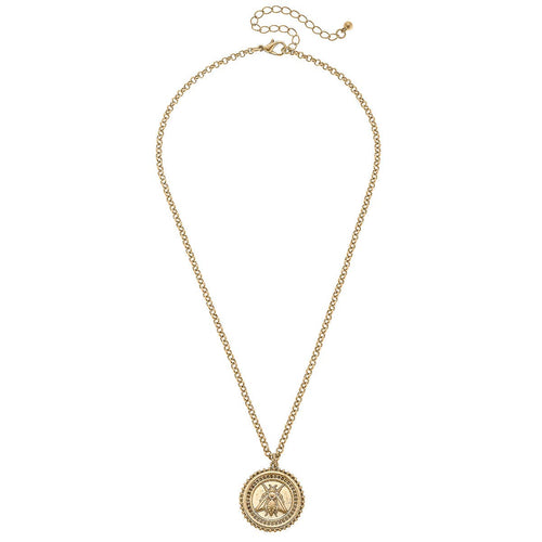 Lizette Bee Medallion Pendant Necklace in Worn Gold