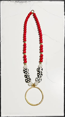 Red Wood Glass & Bone Bead Long Necklace Brass Pendant