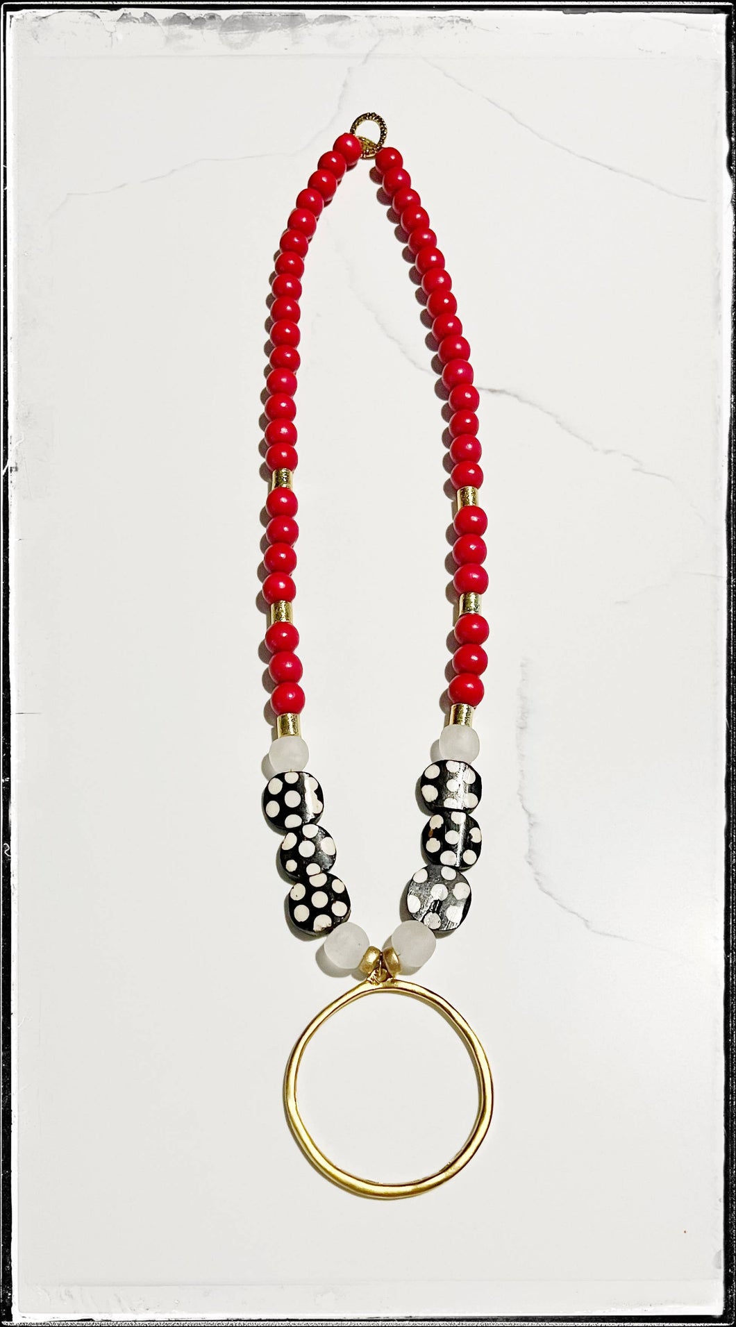 Red Wood Glass & Bone Bead Long Necklace Brass Pendant