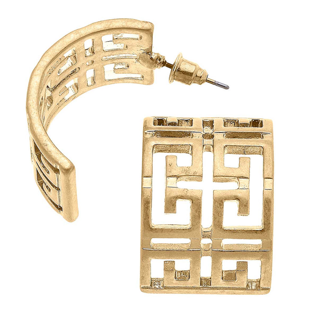 Brennan Greek Keys Hoop Earrings in Worn Gold