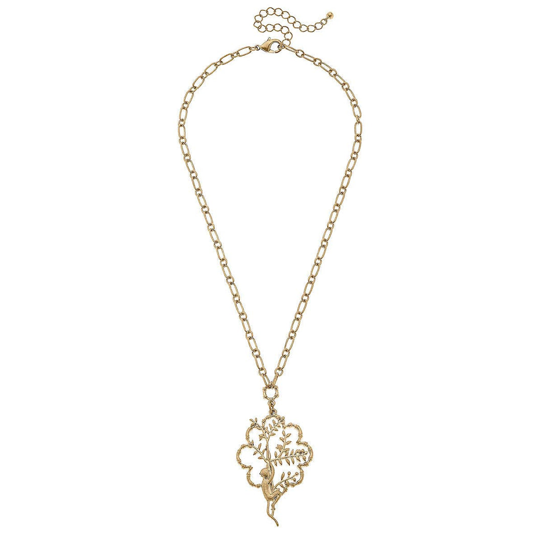 Aurelia Monkey Pendant Necklace in Worn Gold