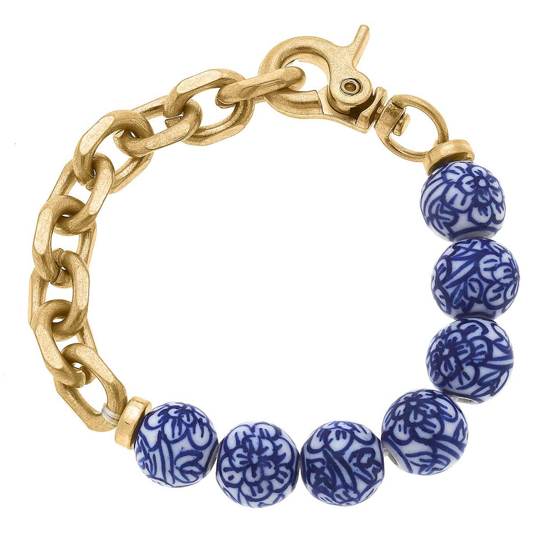 Paloma Chinoiserie & Chunky Chain Bracelet in Blue & White