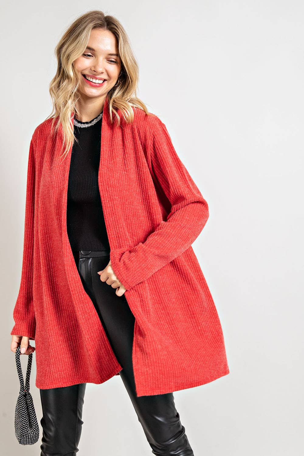 RED RIBBED OPEN FRONT CARDIGAN