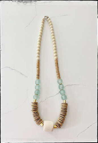 Tan Coconut Wood & White African Bone Bead Necklace Glass